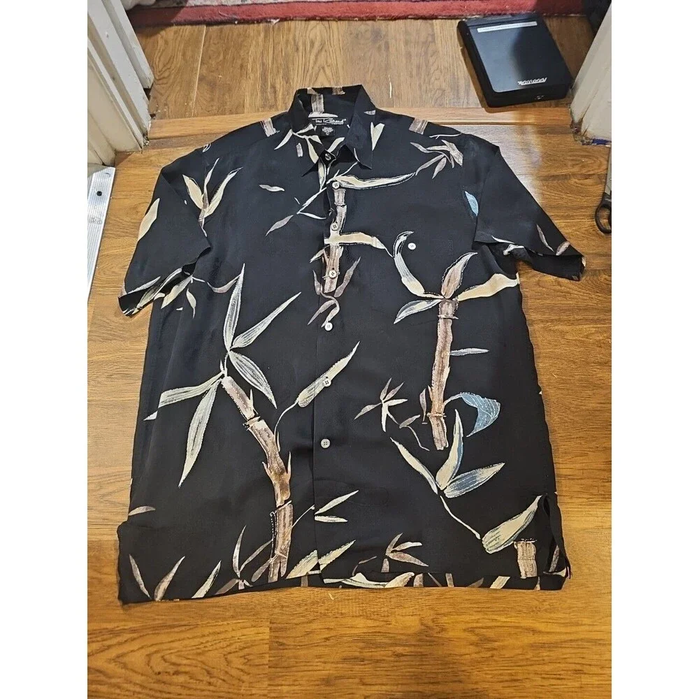 Tori Richard Men’s Large Silk Hawaiian Shirt Black Bamboo Floral Embroidered